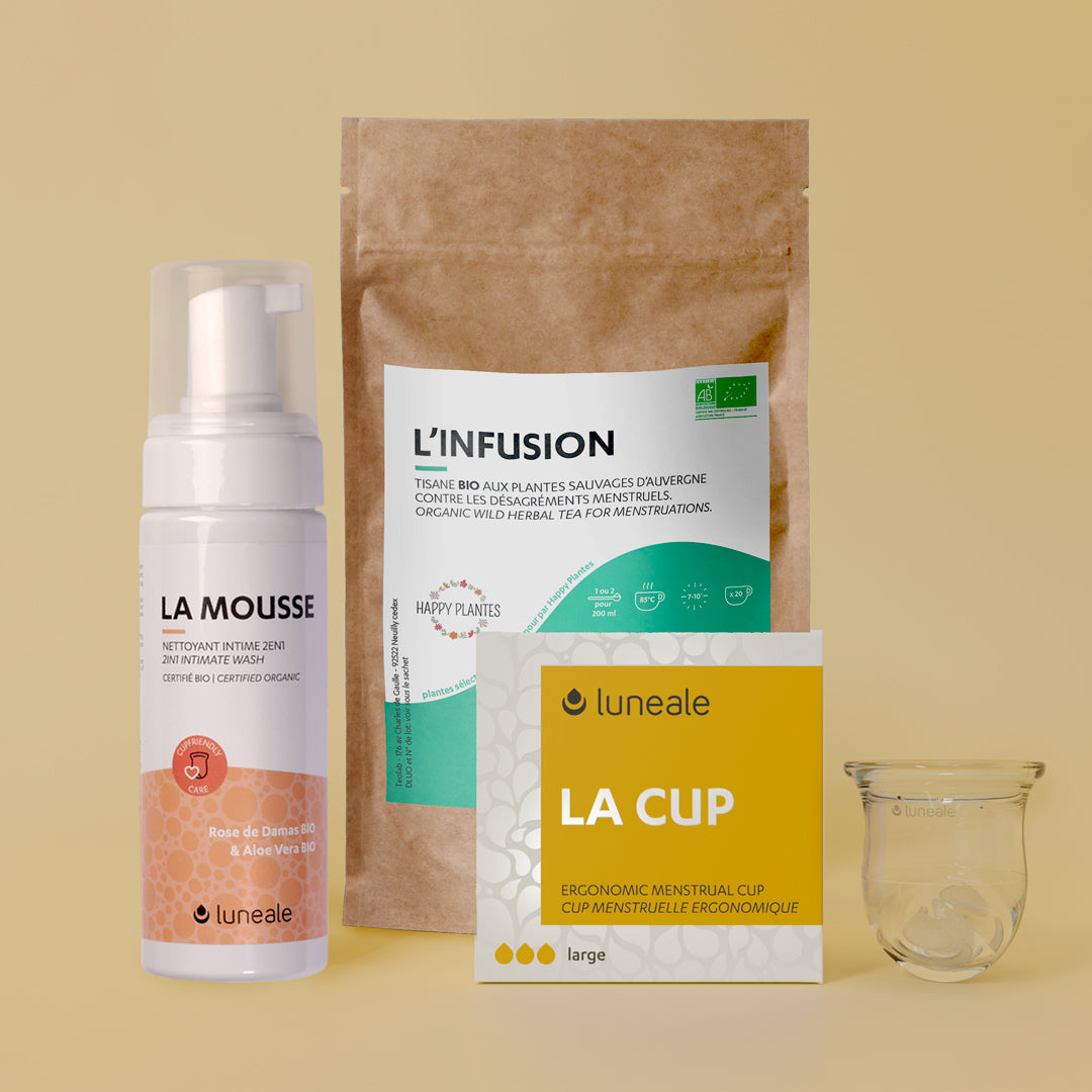 Pack descubrimiento Luneale - Copa menstrual + espuma limpiadora + infusión orgánica para la menstruación - Talla de copa L