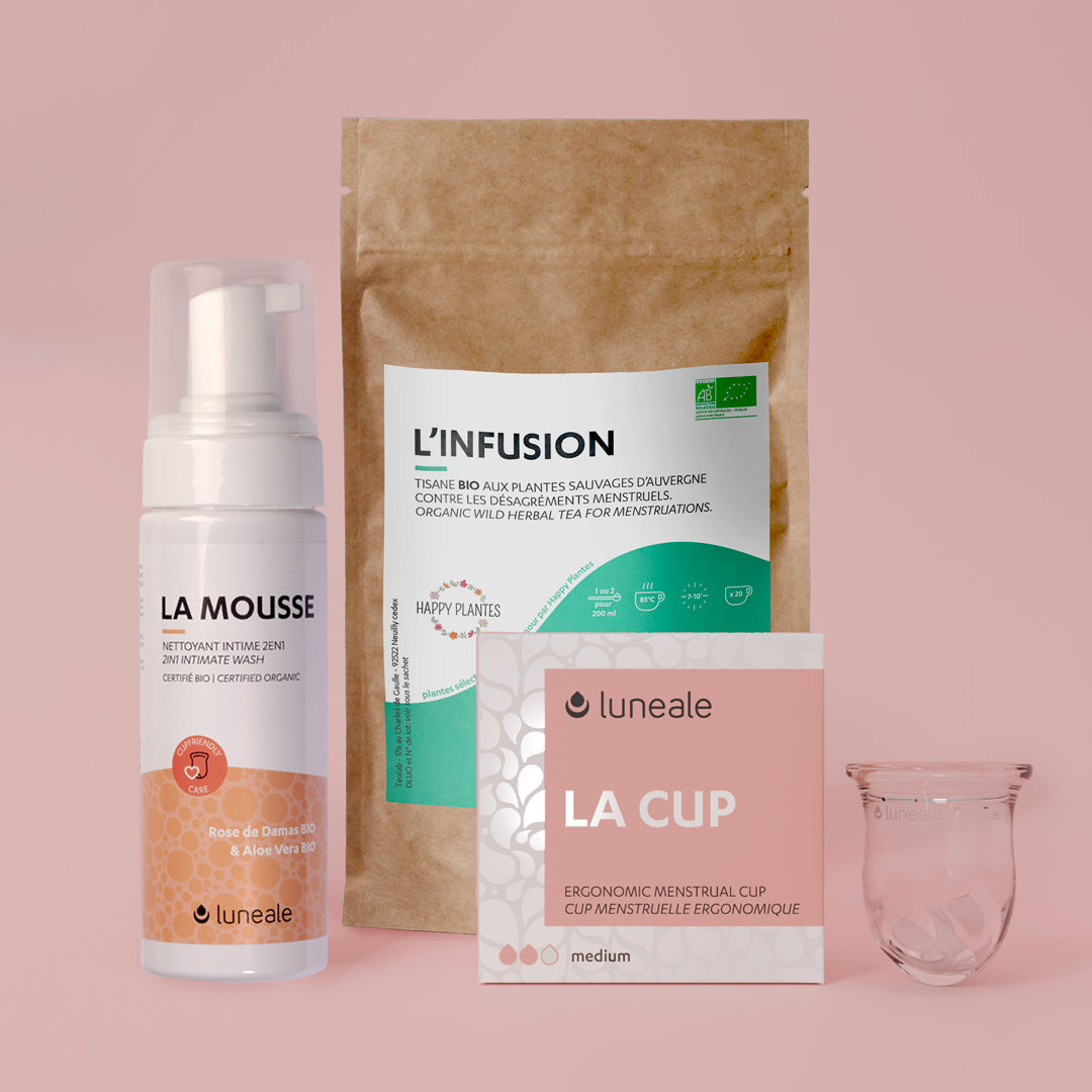 Pack descubrimiento Luneale - Copa menstrual + espuma limpiadora + infusión menstrual ecológica - Copa talla M