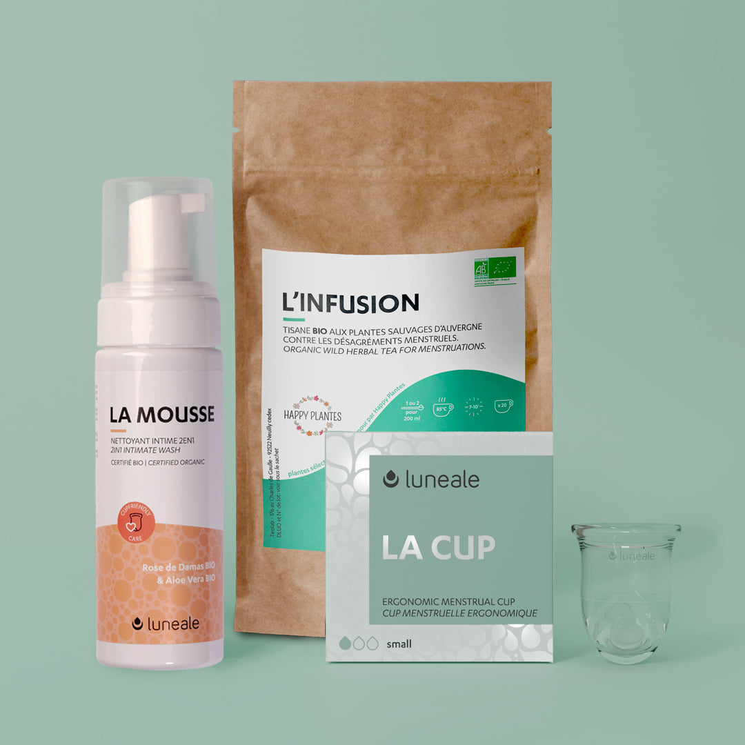 Pack descubrimiento Luneale - Copa menstrual + espuma limpiadora + infusión menstrual ecológica - Copa tamaño Q